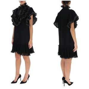 See by Chloe Polka Dot Ruffle Plissé Georgette Shift Dress Black Sz EU 34 US 0-2